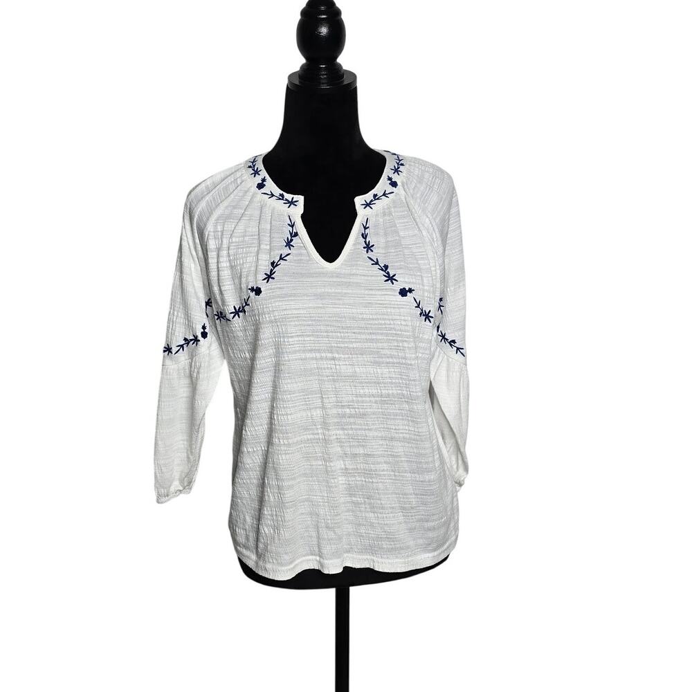 KnappStudio White Navy Embroidered Peasant Blouse Medium Boho Cottagecore